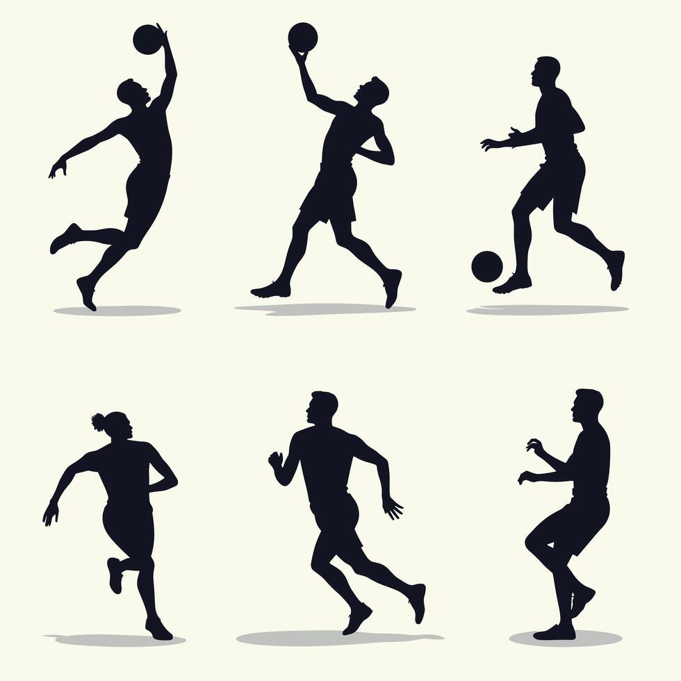 Silhouettes of diverse athletes in dynamic motion, each portraying various sports such as basketball, soccer, running, and fitness exercises. vector