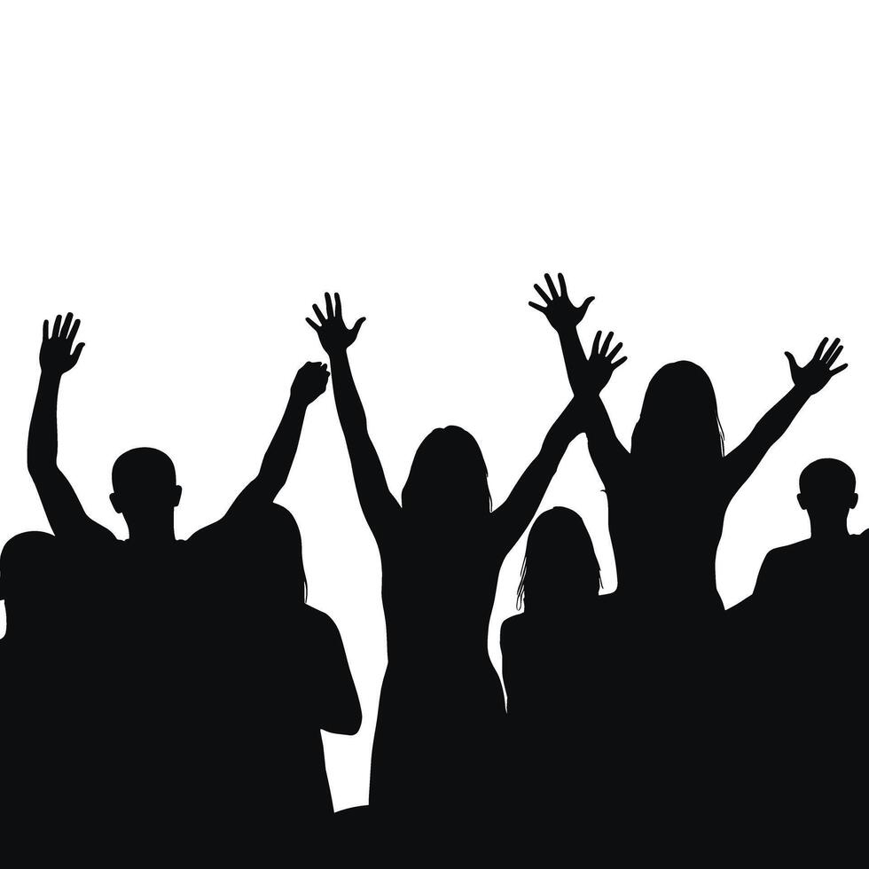 Silhouette of a diverse crowd of people raising their hands in celebration against a white background. vector