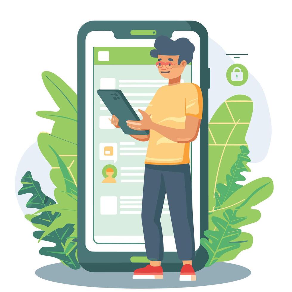 Young male using a tablet, standing in front of a giant smartphone screen with a messaging app interface. vector