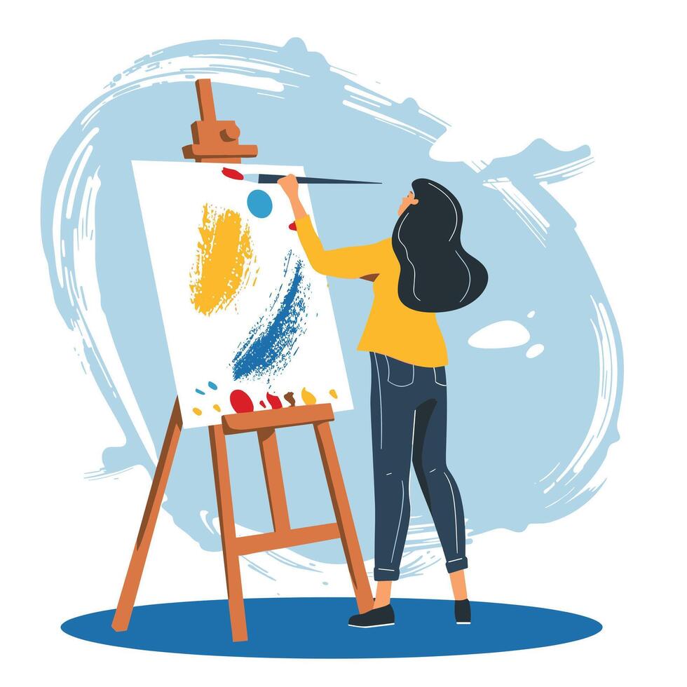 Woman painting on a canvas with colorful strokes, standing at an easel. vector