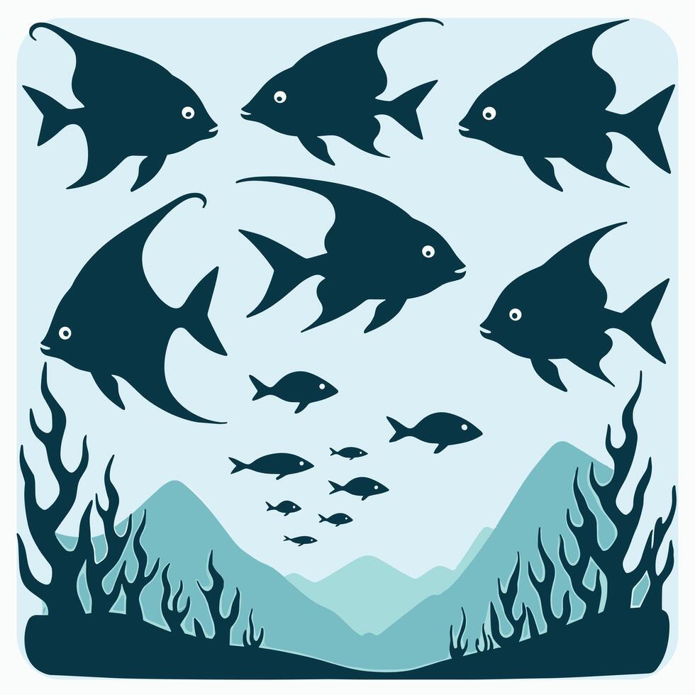Stylized silhouettes of fish swimming in an underwater scene with seaweed and mountains in the background. vector