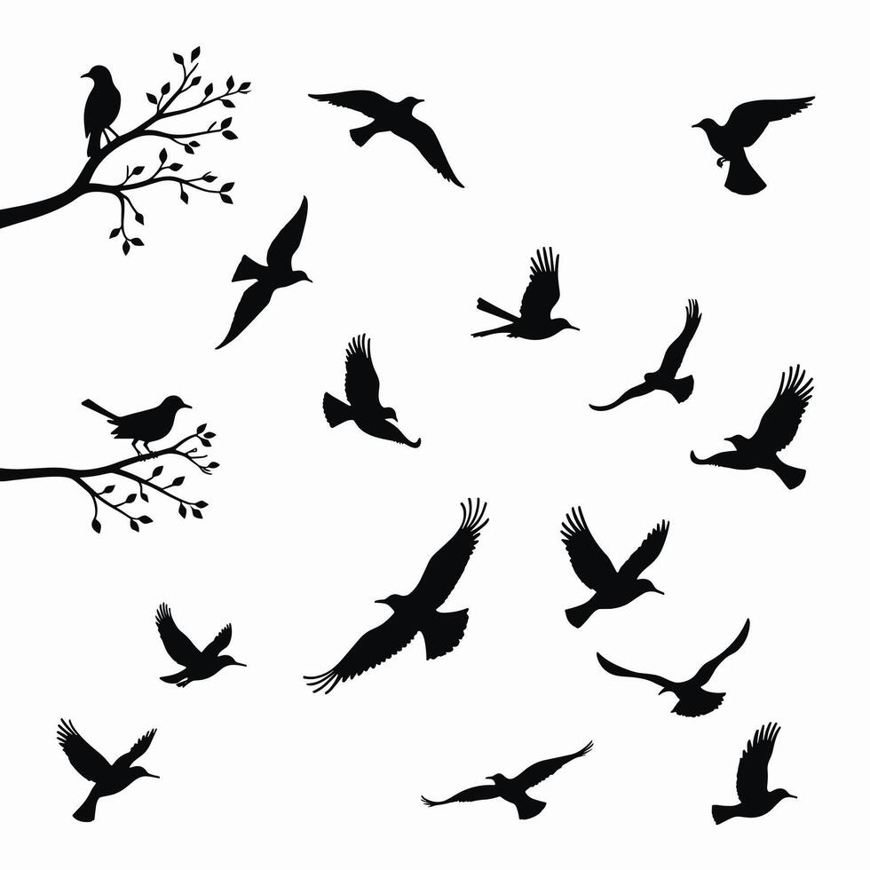 Silhouettes of birds flying and perched on branches against a white background, creating a serene and dynamic scene in nature. vector
