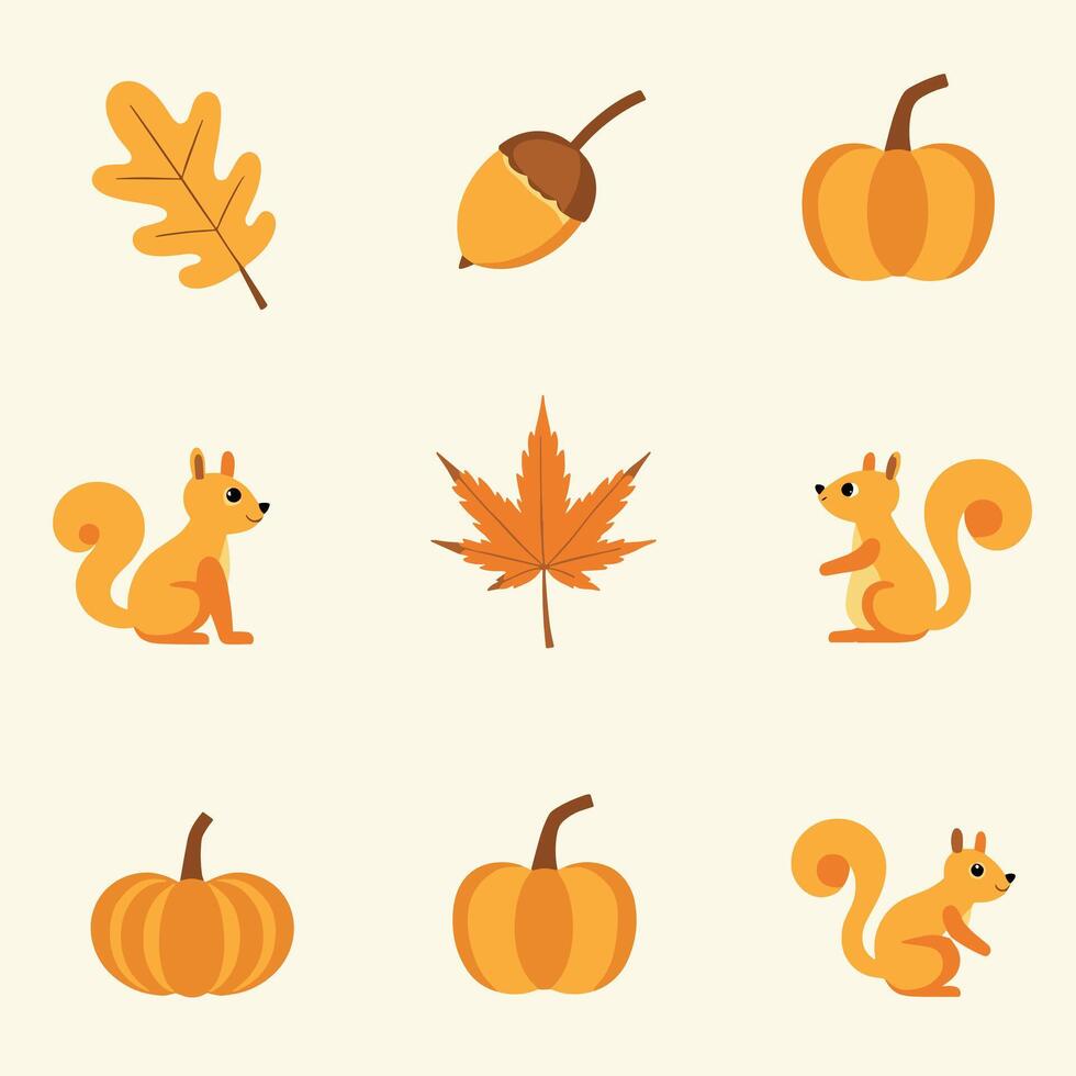 Charming autumn-themed illustration with squirrels, pumpkins, leaves, and acorns, capturing the essence of fall in warm orange and brown tones. vector
