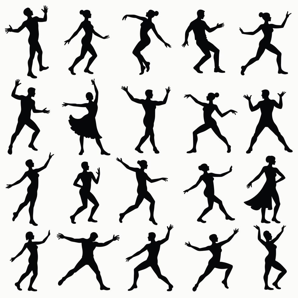 Silhouettes of diverse dancers in various dynamic poses create a lively and energetic scene against a plain background. vector
