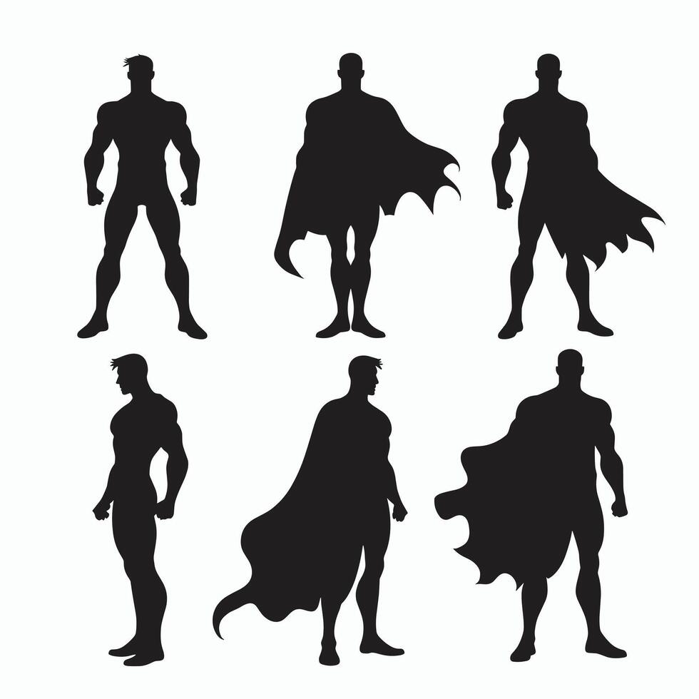 Silhouette illustrations of male superheroes in various powerful poses, highlighting capes and heroic stances against a plain background. vector