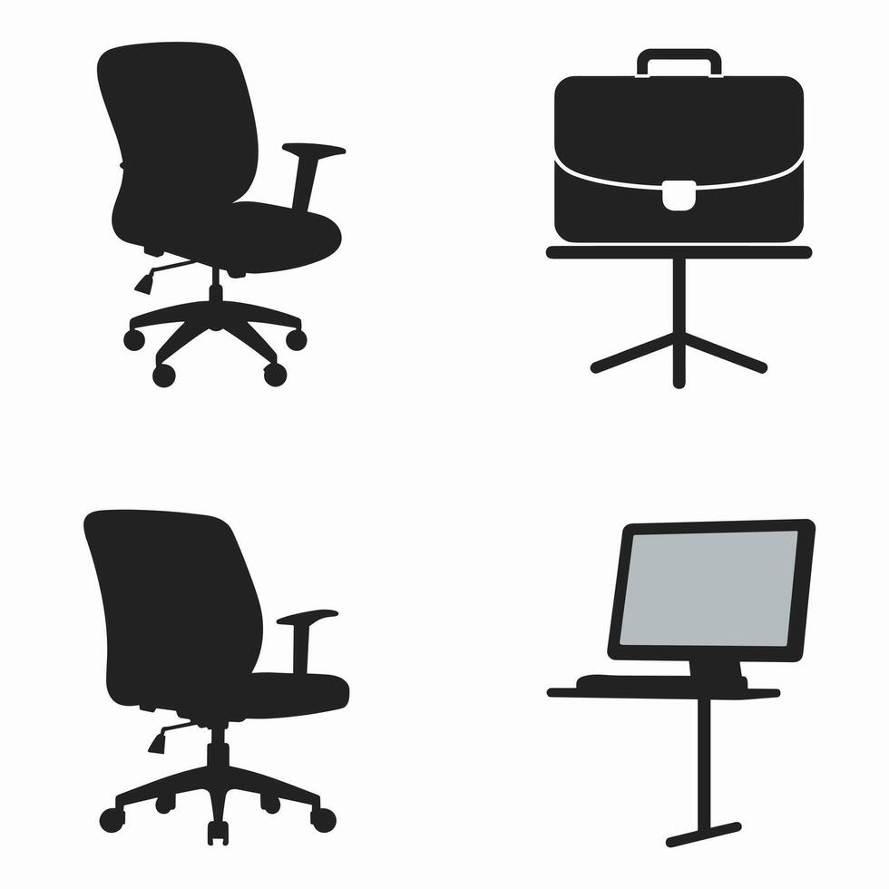 Silhouette icons of office furniture and equipment, including chairs, a briefcase, and a computer stand. vector