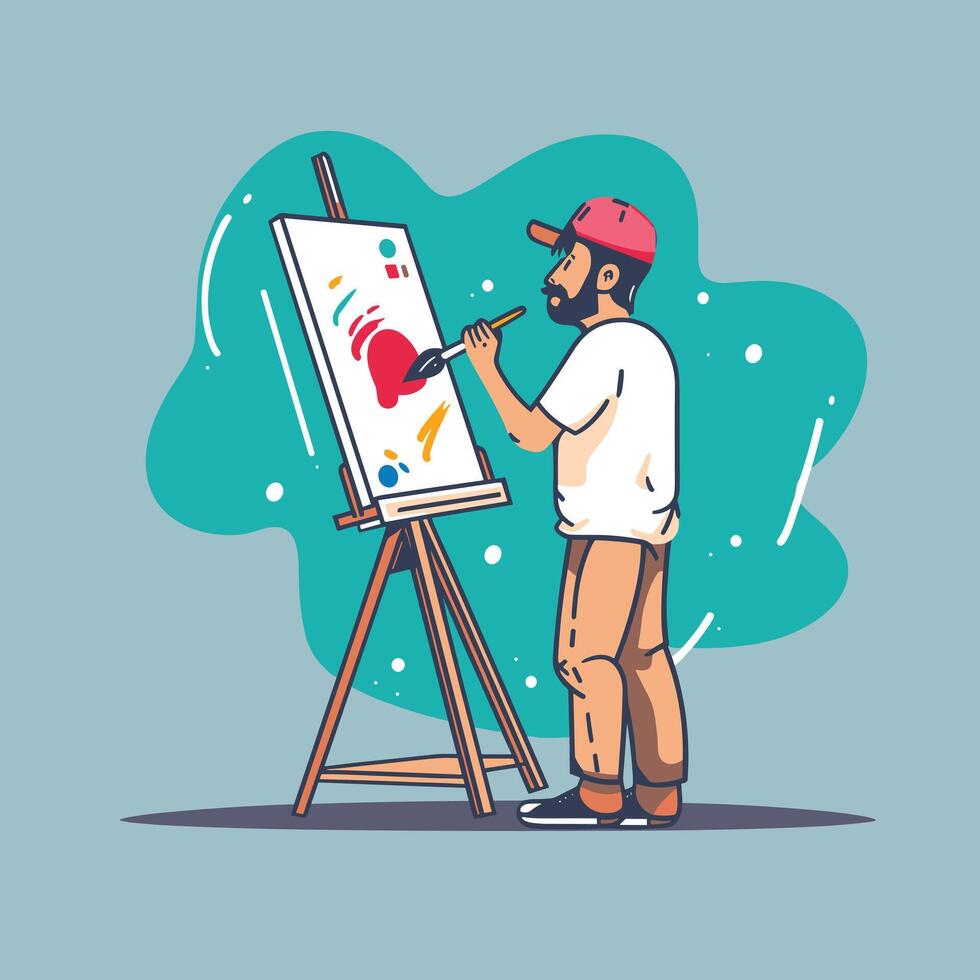 Illustration of a male artist painting on a canvas with vibrant colors on a light blue background. vector