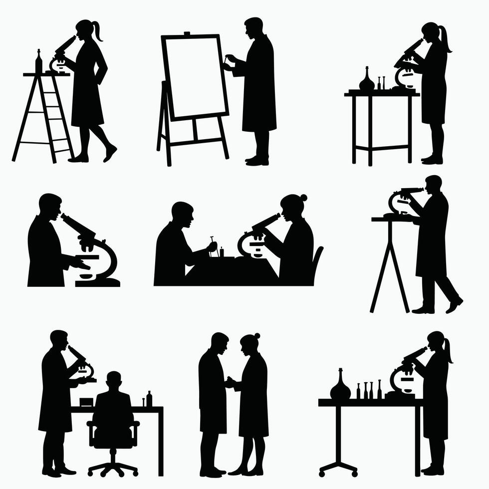 Silhouettes of scientists engaged in various laboratory activities, showcasing diverse scientific research methods and a collaborative environment. vector