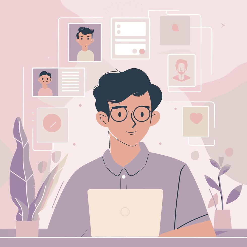 Bespectacled Asian man working on laptop surrounded by social media profile images in pastel-colored illustration vector