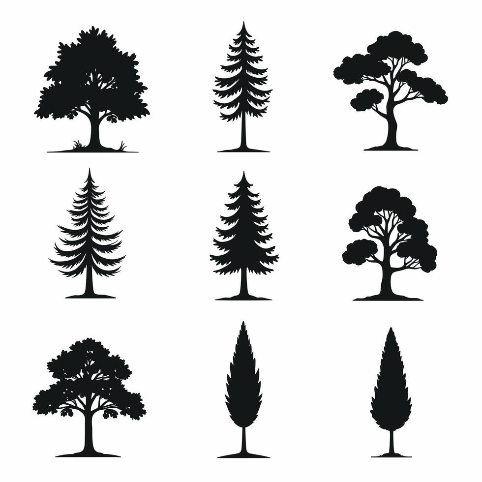 Silhouettes of diverse tree species arranged in a grid pattern on a white background. vector