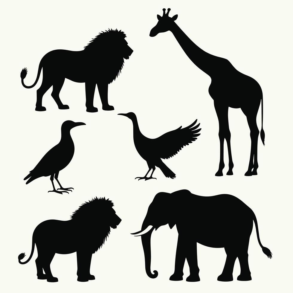 Silhouettes of various wild animals including lions, a giraffe, an elephant, and birds against a light background. vector