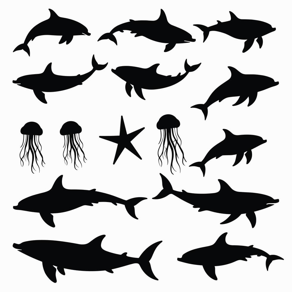 Silhouettes of various sharks, jellyfish, and a starfish on a white background, showcasing marine life diversity. vector