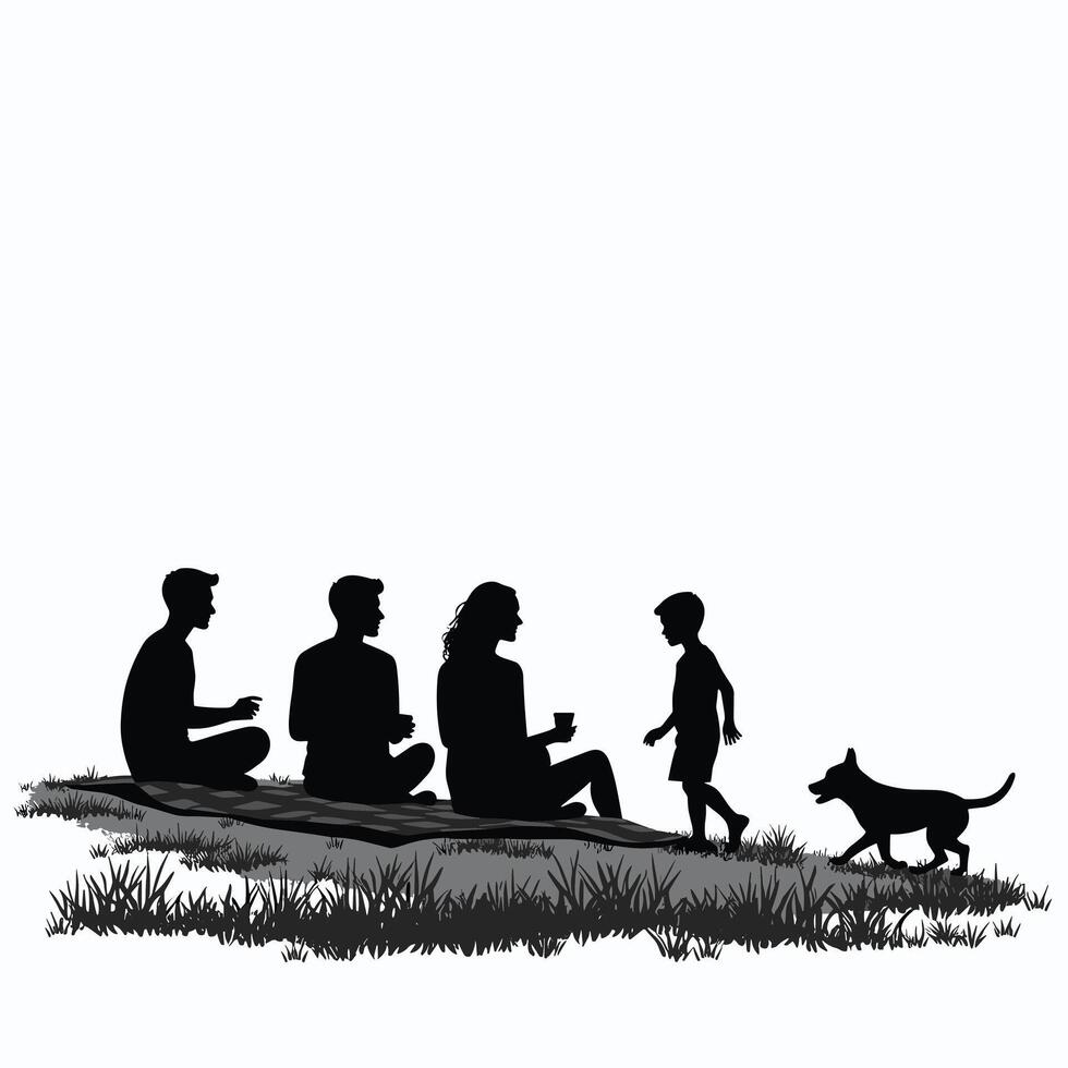 Silhouette of diverse group relaxing on grass, with a child and dog playing nearby, creating a serene and joyful atmosphere. vector
