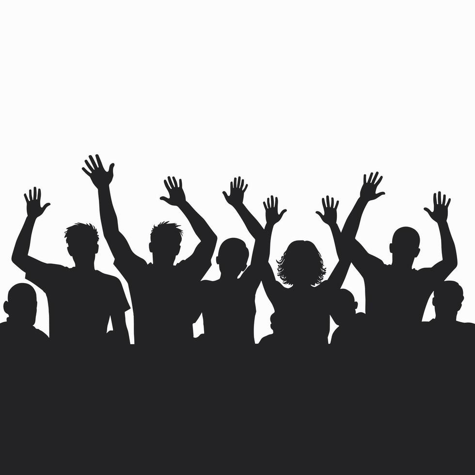 Silhouette of a diverse group of people raising their hands in celebration against a bright background. vector