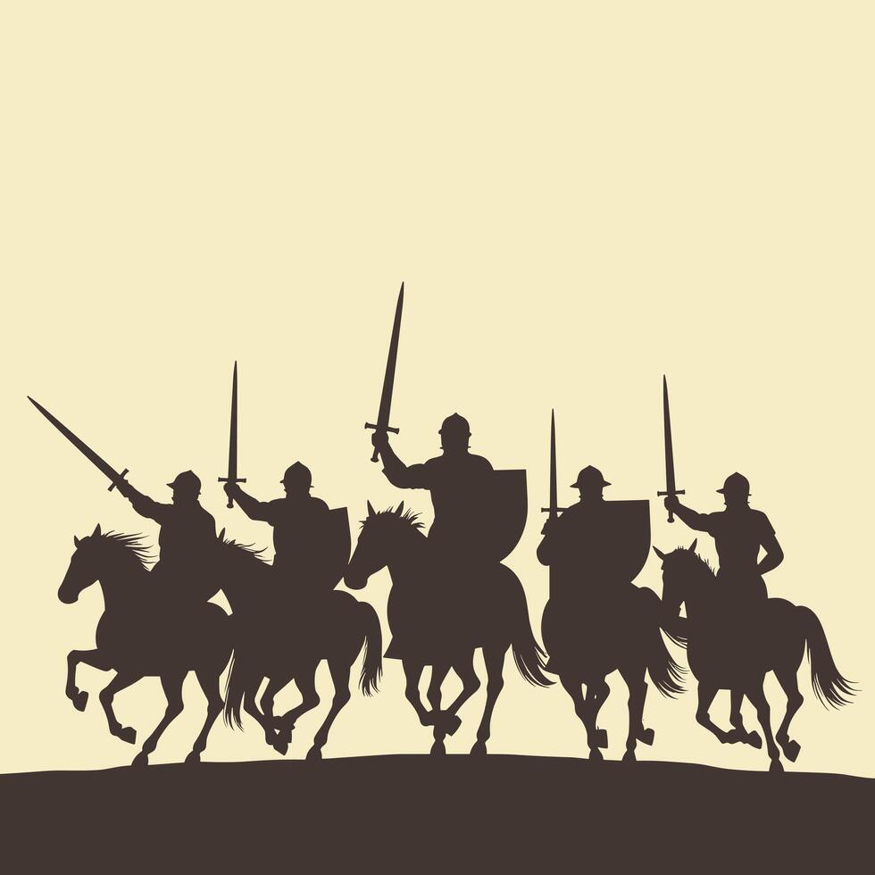 Silhouetted medieval knights ride on horseback with swords drawn, creating a dramatic scene against a light background. vector
