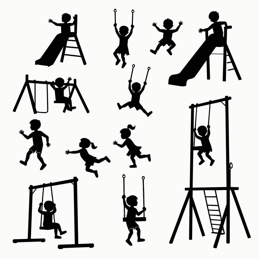Silhouettes of children playing joyfully on swings, slides, and monkey bars in a playground setting. vector