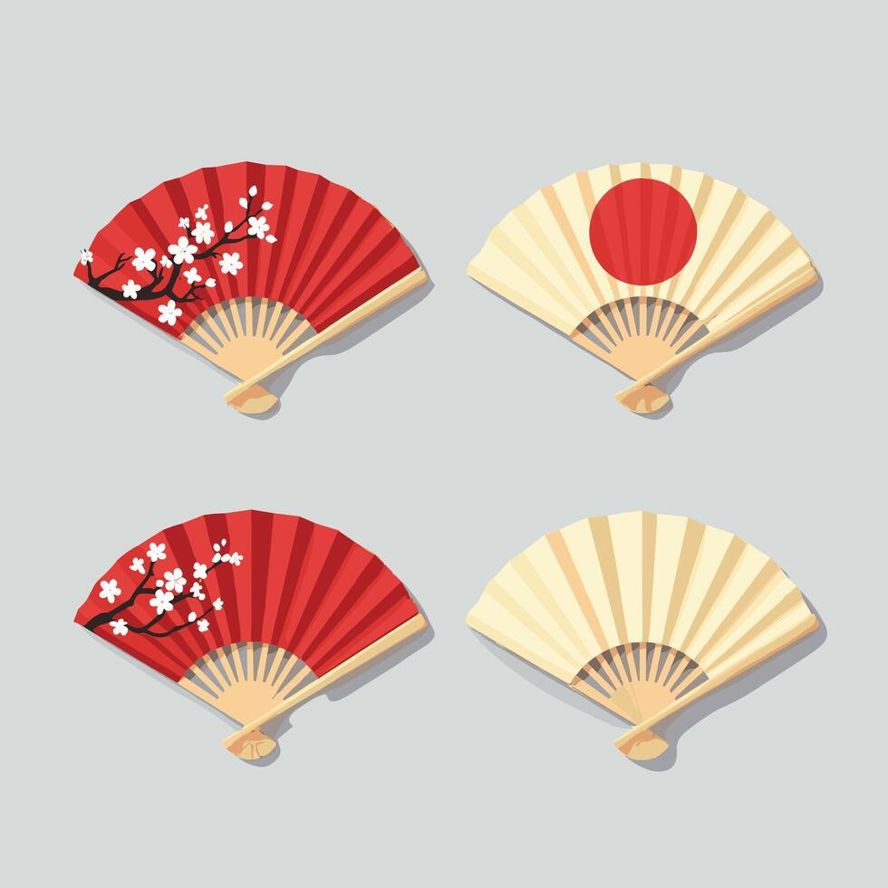 Four traditional Japanese fans with different elegant designs and colors on a light background. vector