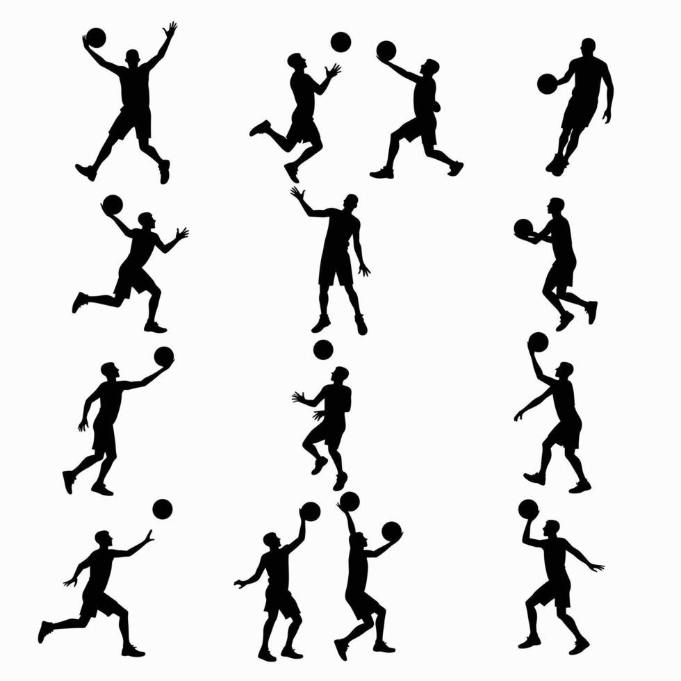Silhouettes of diverse athletes in dynamic basketball poses, showcasing agility and skill. vector