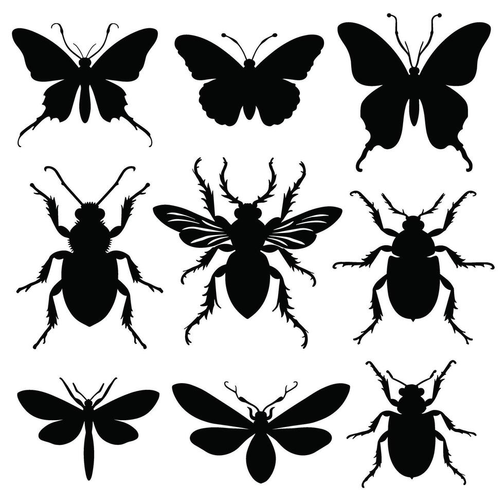 Collection of detailed black insect silhouettes against a white background, showcasing diversity in winged creatures from butterflies to beetles. vector