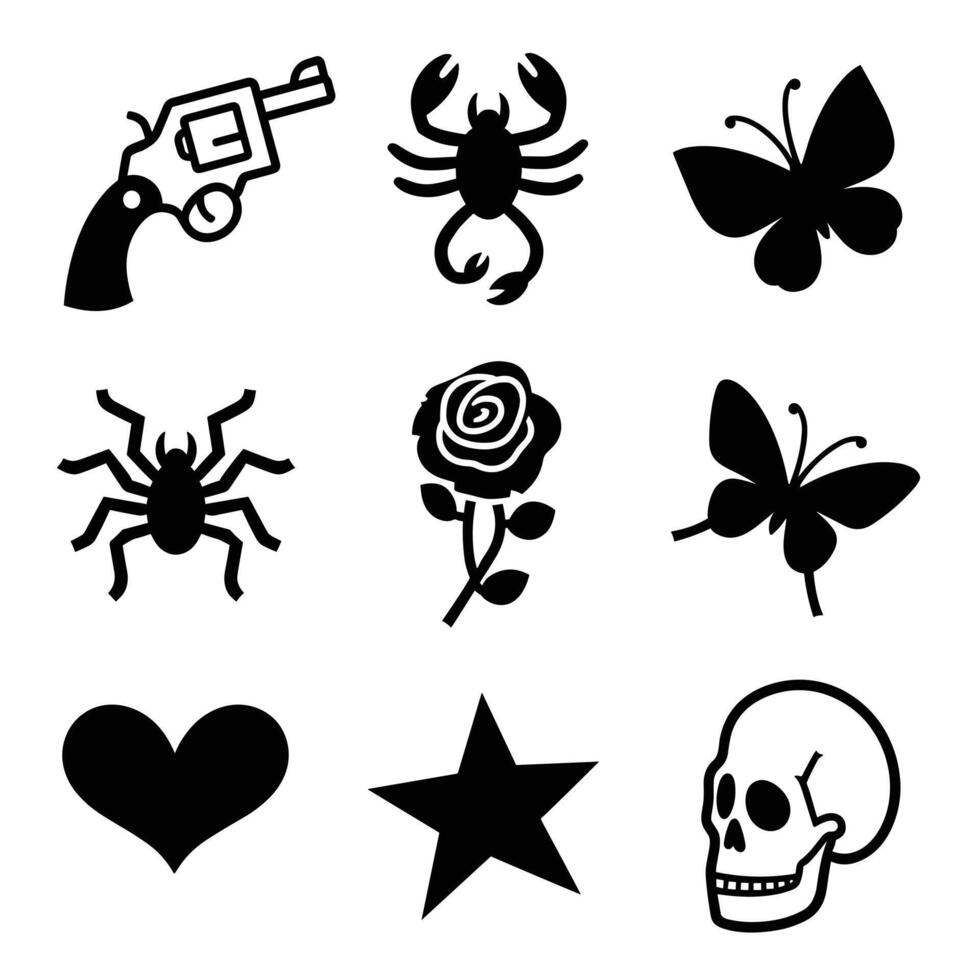 Collection of black silhouette icons featuring a gun, scorpion, butterfly, spider, rose, and skull on a white background. vector