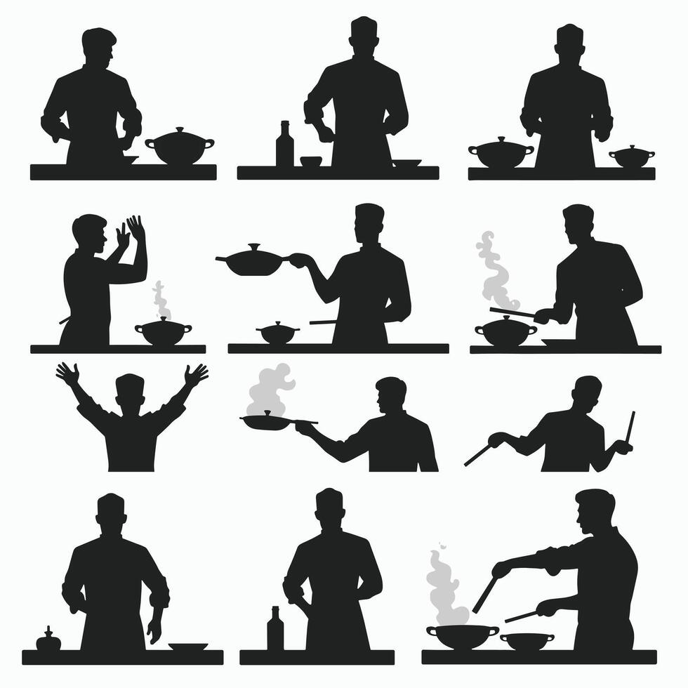 Silhouettes of chefs skillfully preparing dishes highlight various cooking techniques in a dynamic composition on a white background. vector