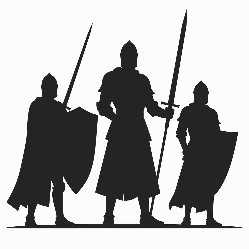 Silhouette of three medieval knights holding swords and shields, standing in a heroic pose. vector