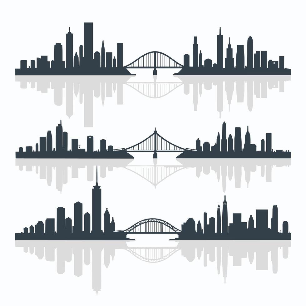 Modern city skylines with bridges and high-rise buildings reflected on a white background. vector