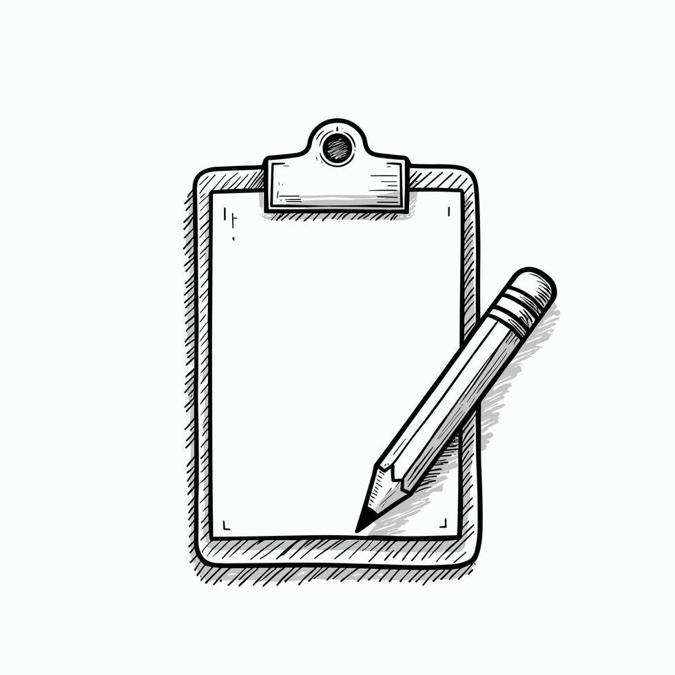 Black and white illustration of a clipboard with a pencil sketch vector