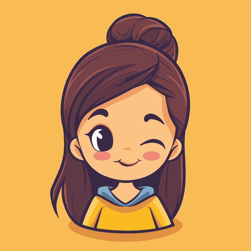 Cute cartoon girl with brown hair winking in front of a yellow background. vector