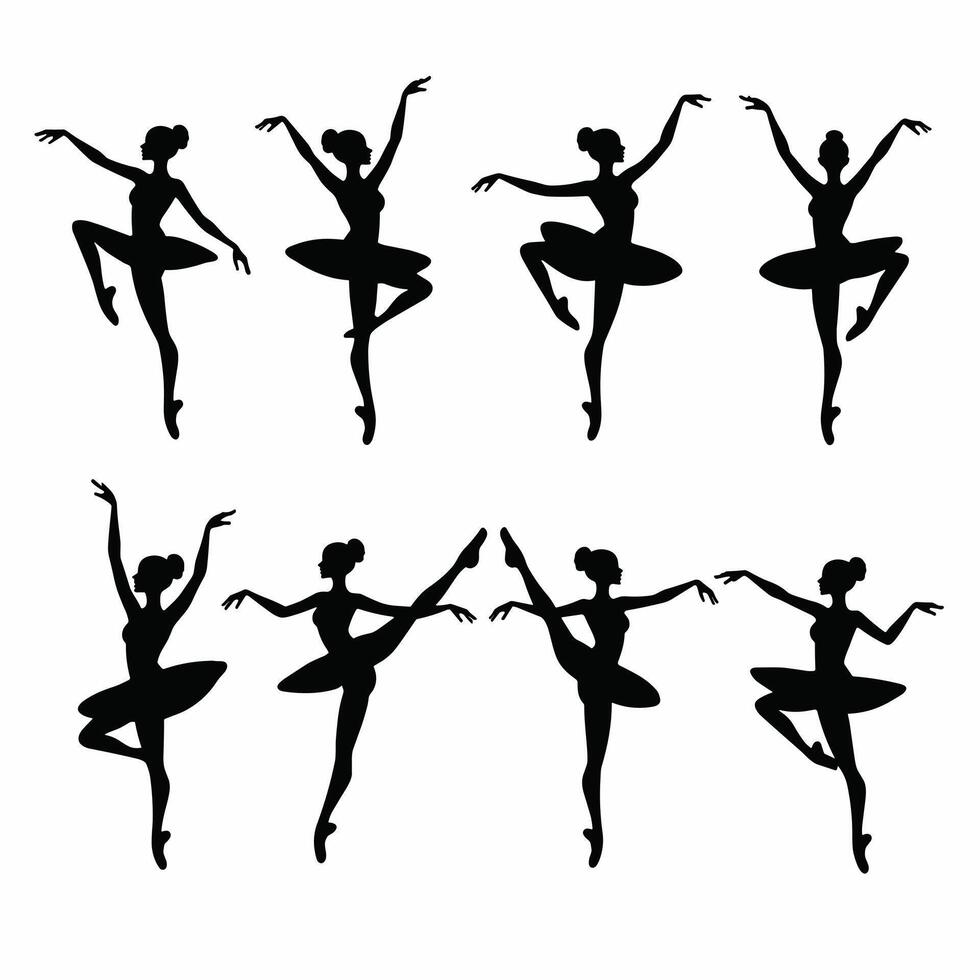 Silhouettes of female ballet dancers in elegant poses showcasing grace and poise on a white background. vector
