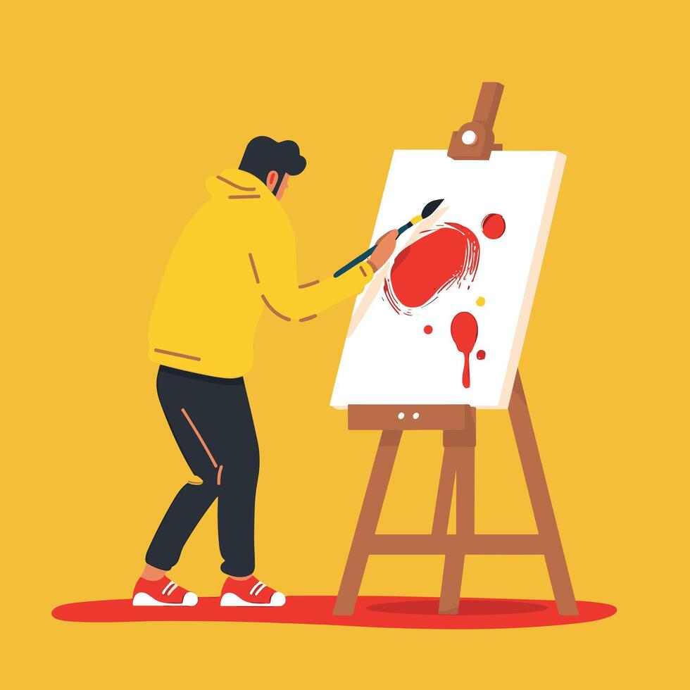 Young male artist painting abstract art on a canvas in a studio with a yellow background. vector