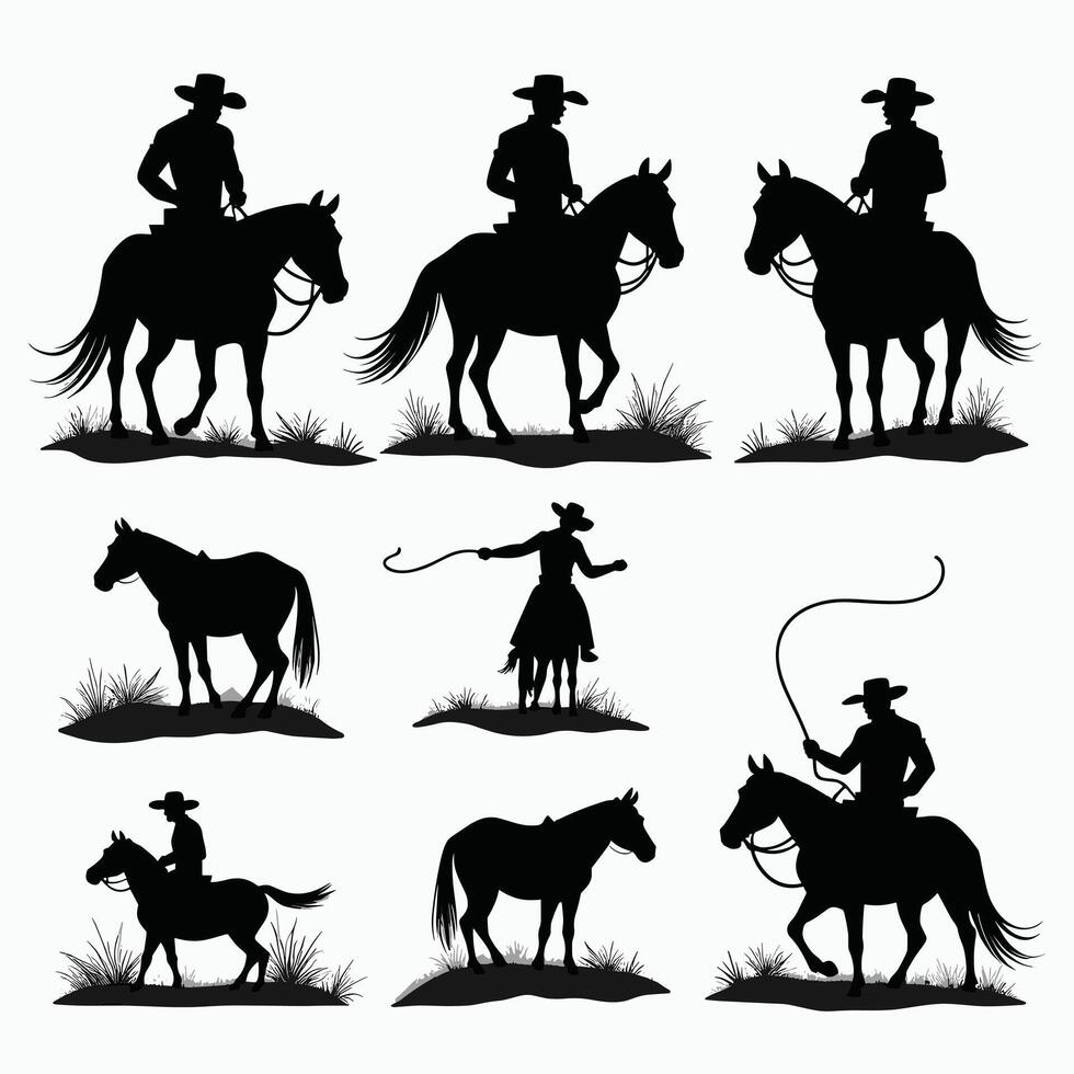 Silhouettes of cowboys and horses capturing the essence of the Wild West in a series of iconic poses against a white background. vector