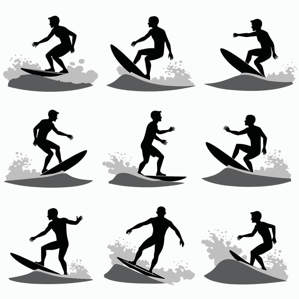 Silhouettes of male surfers riding waves, showcasing dynamic surfing poses in various action-packed stances. vector
