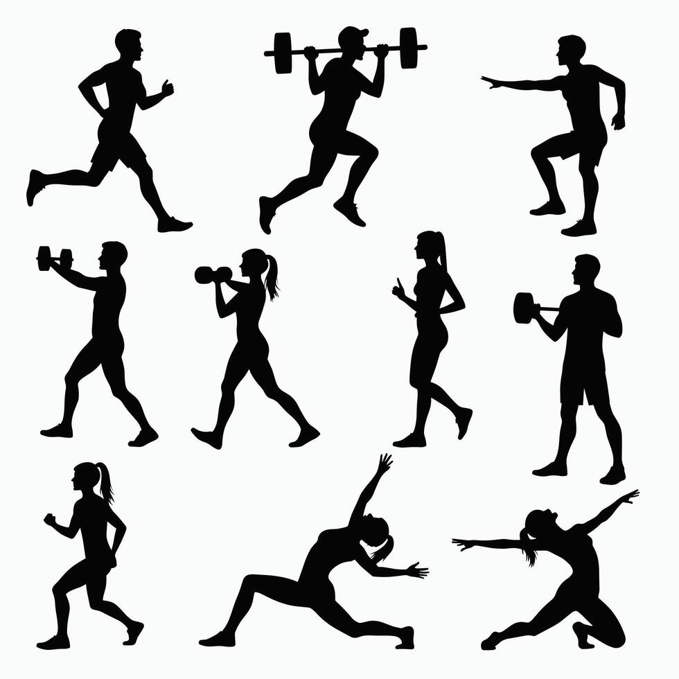 Silhouettes of diverse men and women performing various fitness exercises, showcasing strength, agility, and endurance in dynamic poses. vector