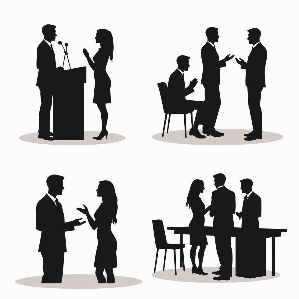Silhouettes of professionals engaging in discussions and presentations in a corporate setting. vector
