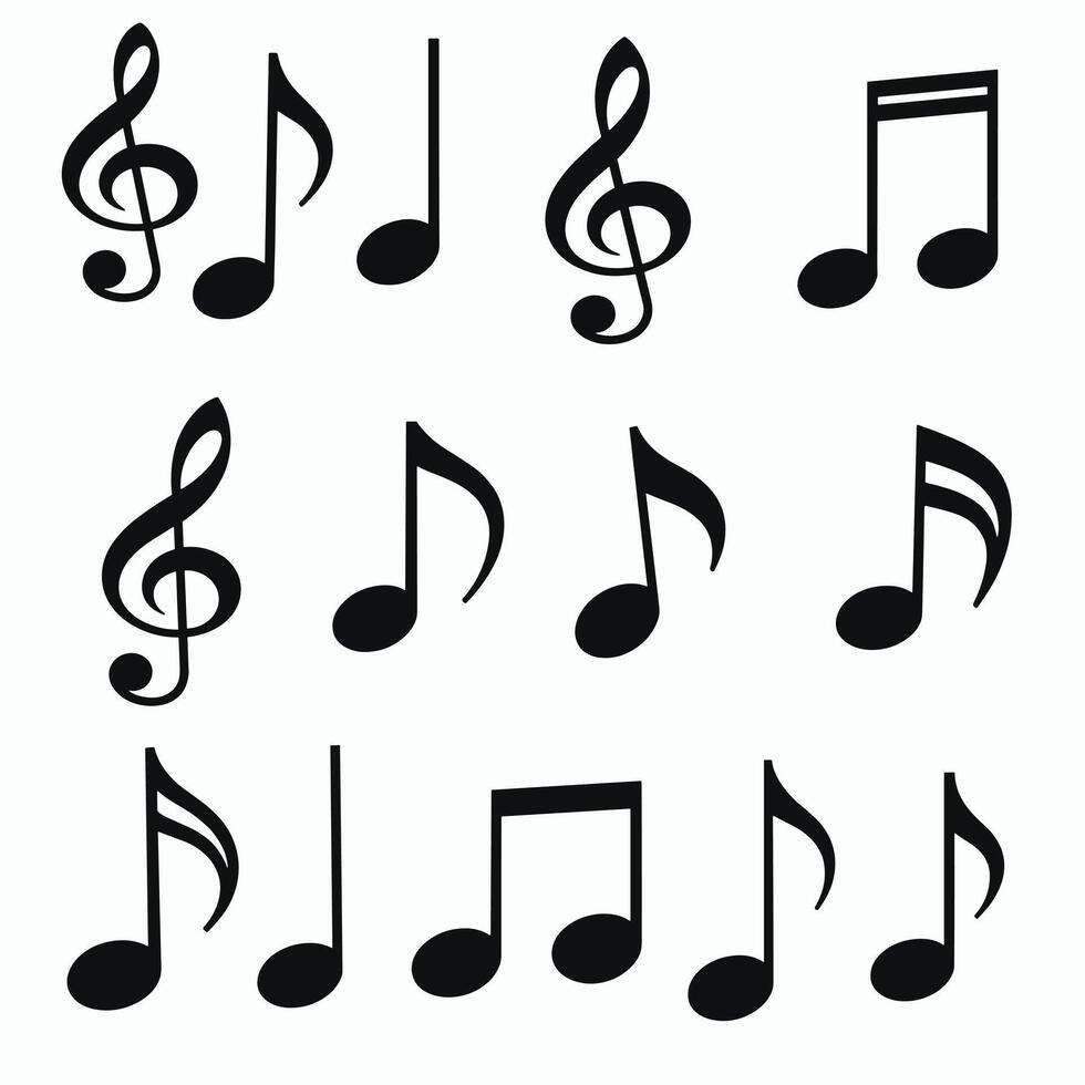 A collection of various musical notes and symbols illustrated in black on a white background, showcasing treble clefs and different note types. vector