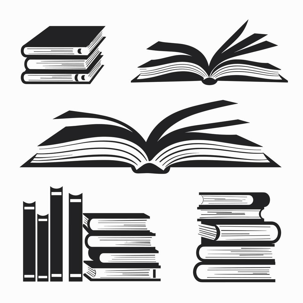 Black and white illustration of various open and closed books, emphasizing the theme of reading and literature. vector