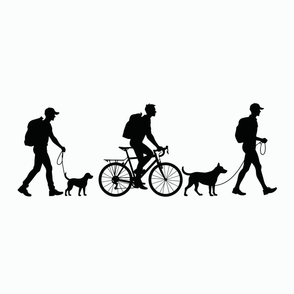 Silhouettes of two men walking dogs and one man cycling, all against a white background. vector