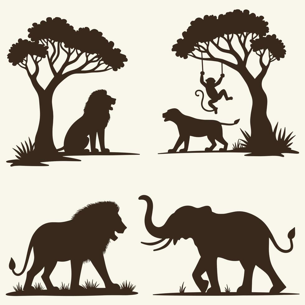 Silhouettes of jungle animals including a lion, elephant, monkey, and tiger against a natural landscape. vector