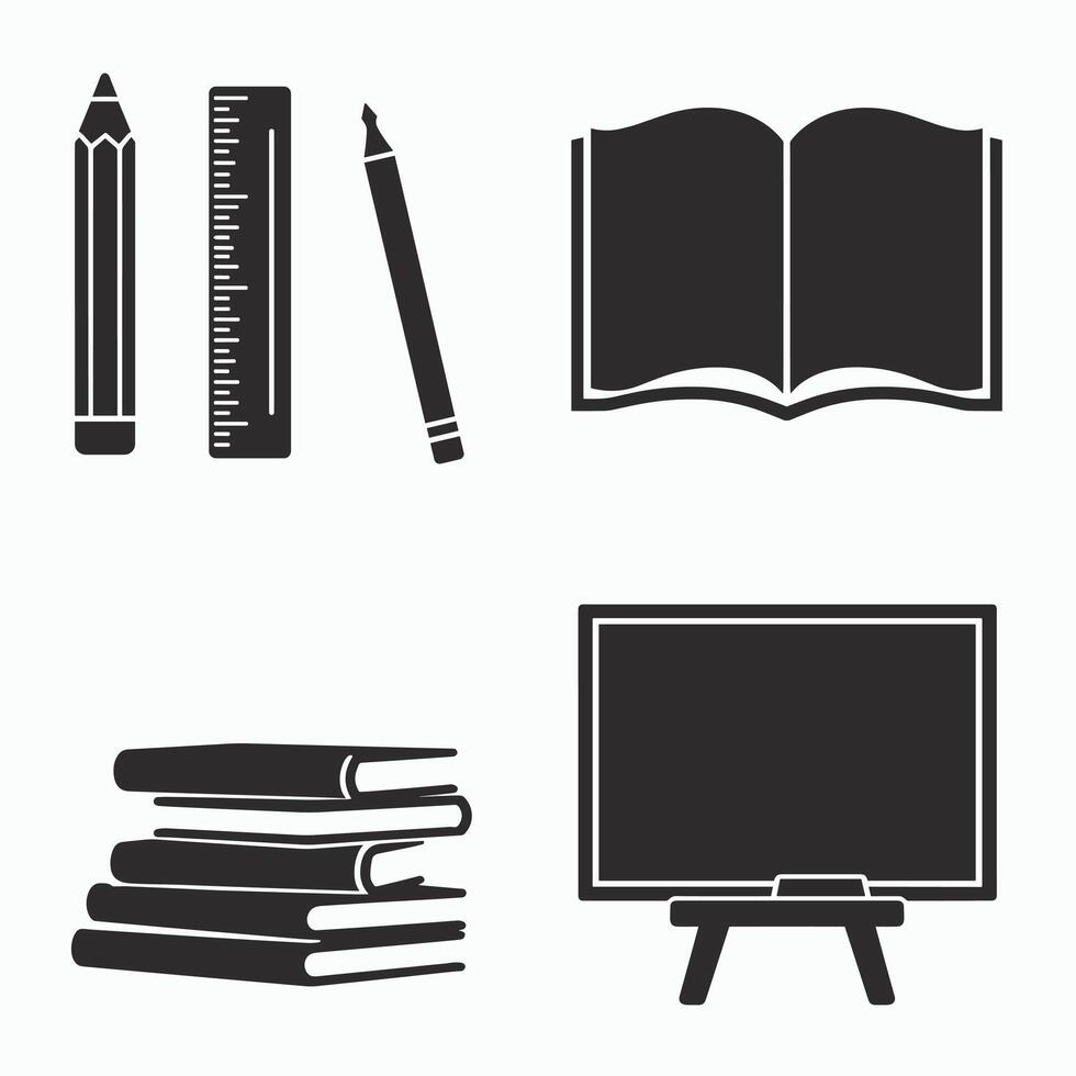 Illustration of educational tools including pencils, ruler, open book, stacked books, and a blackboard. vector