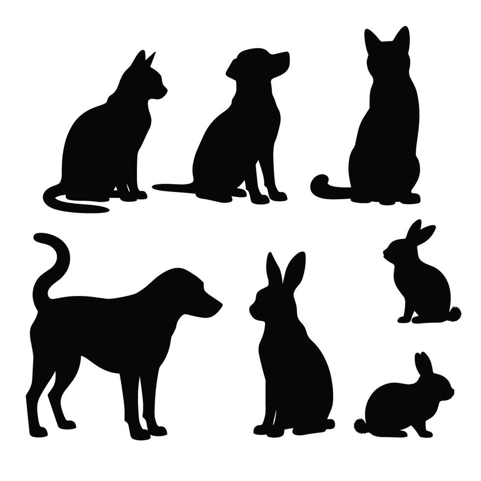Silhouettes of various animals, including cats, dogs, and rabbits, form an intriguing composition against a plain background. vector
