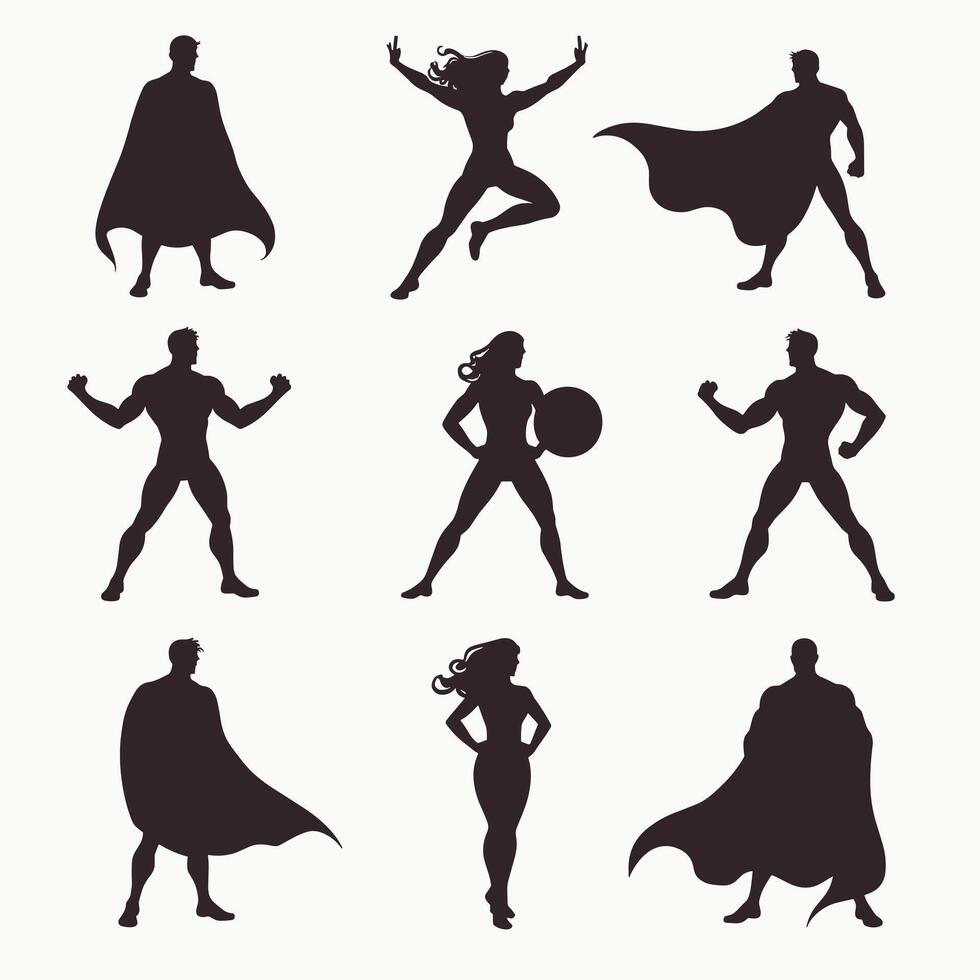 Silhouettes of diverse superheroes in dynamic poses, showcasing strength and heroism in an abstract style. vector