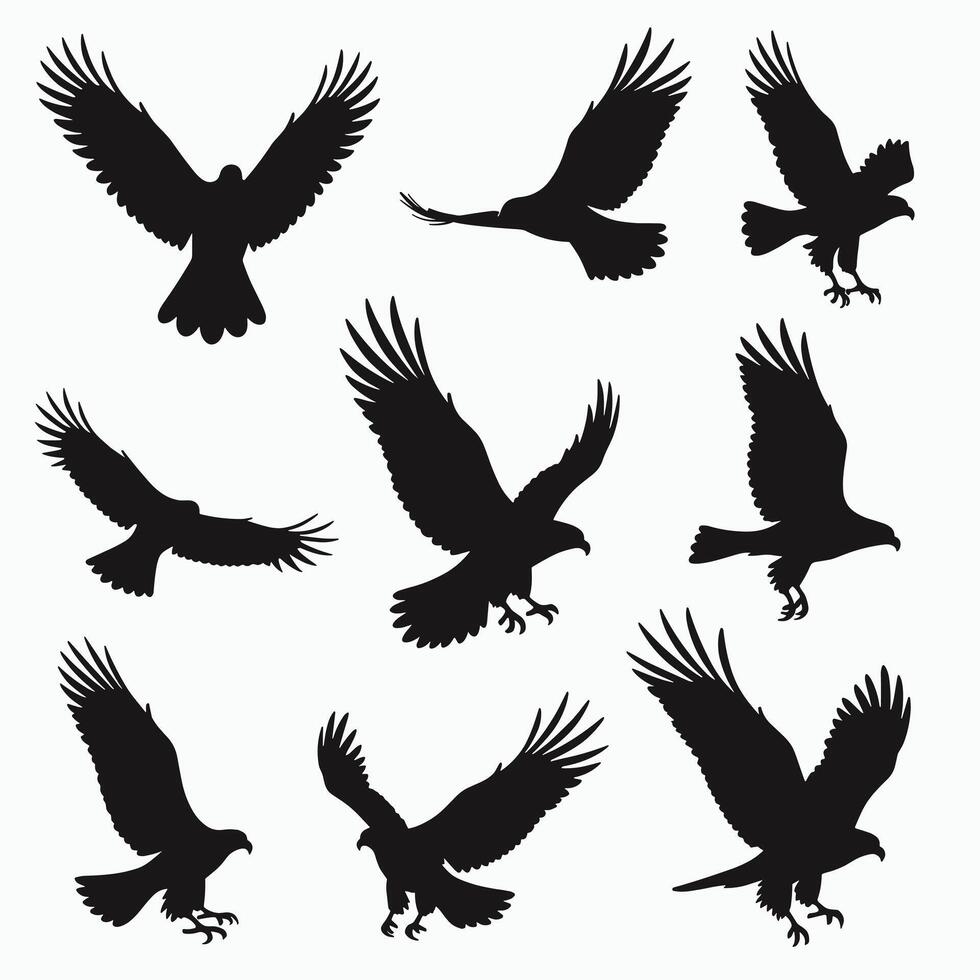 A collection of eight silhouetted birds of prey, each showcasing different poses in flight against a white background. vector