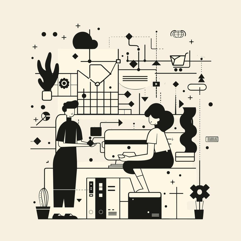 Minimalist illustration depicting office workers amid abstract symbols, representing modern workplace dynamics and digital connectivity. vector