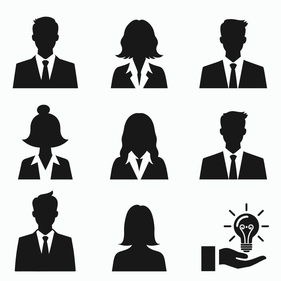 Silhouette icons of professionals in business attire, symbolizing diverse roles and innovative ideas. vector