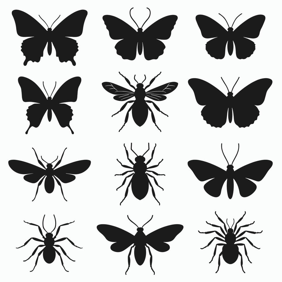 Silhouettes of various insects and butterflies arranged in a grid pattern on a white background. vector