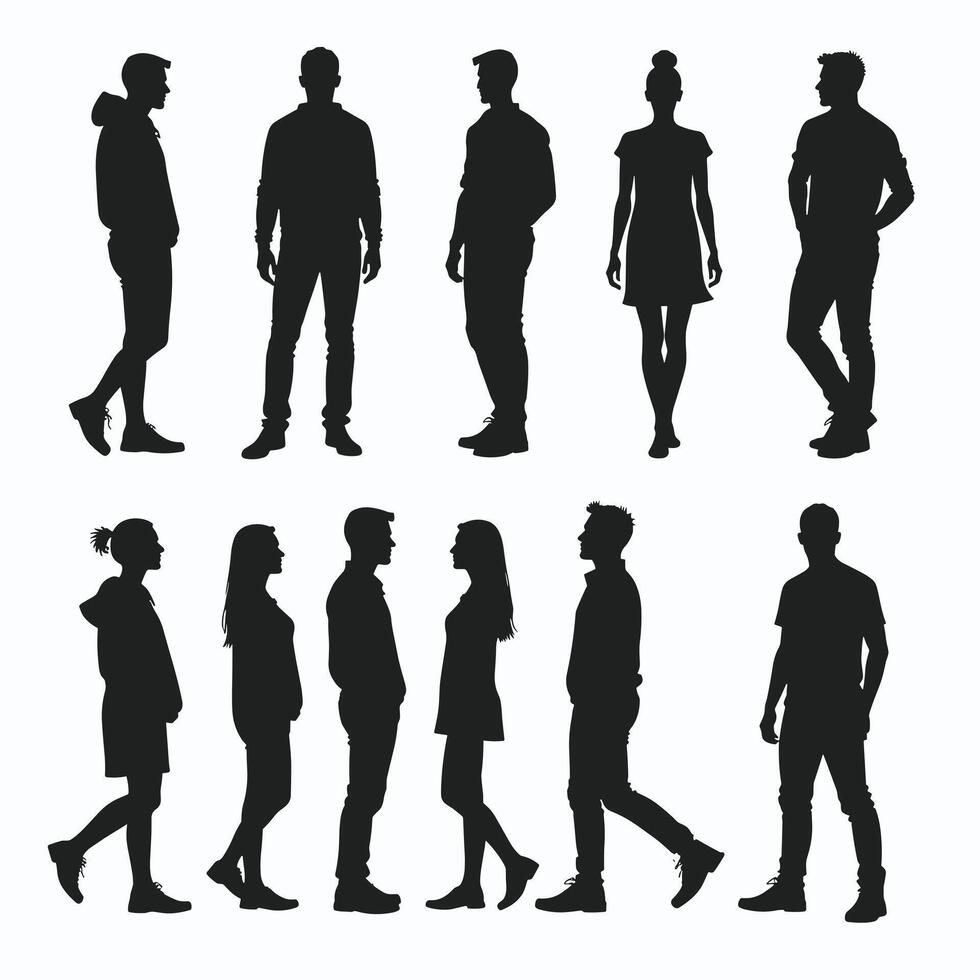 Silhouettes of diverse people standing in various poses against a white background, showcasing different fashion styles and stances. vector