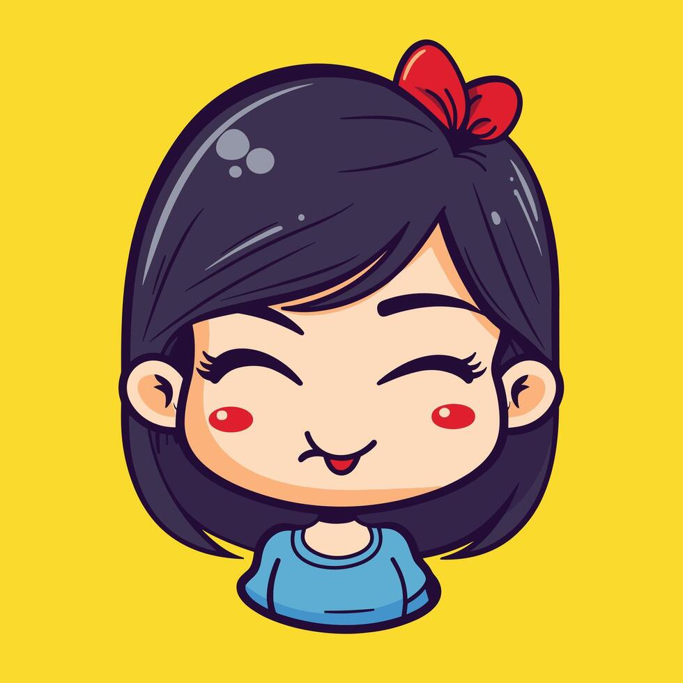 Cute cartoon girl with black hair and red bow smiling cheerfully against a yellow background. vector