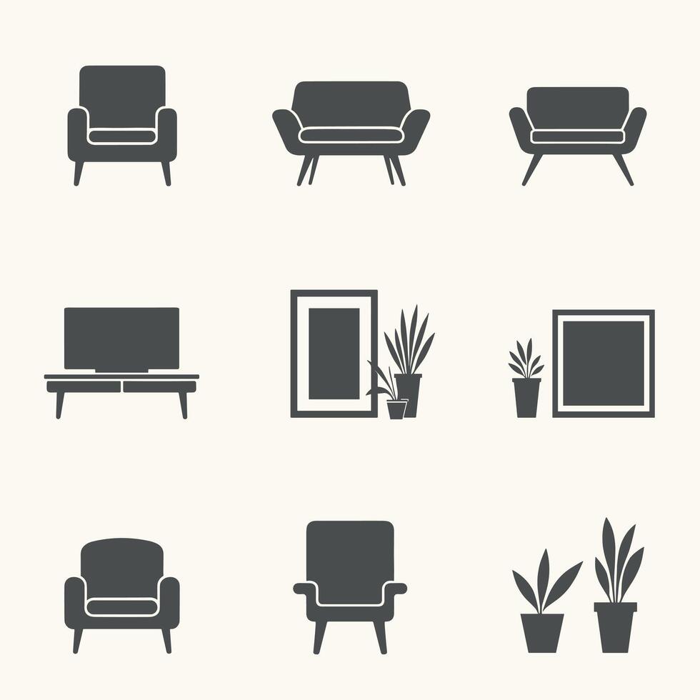 Set of minimalist furniture and decor icons featuring chairs, a sofa, plants, and frames against a light background. vector