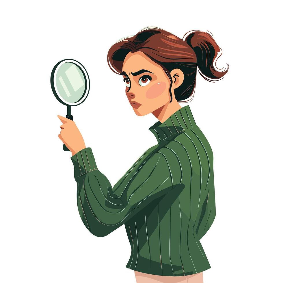 A young woman with dark hair examines something closely with a magnifying glass. vector